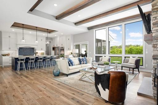 Gorgeous wood beams on the 11' ceilings in the great room!