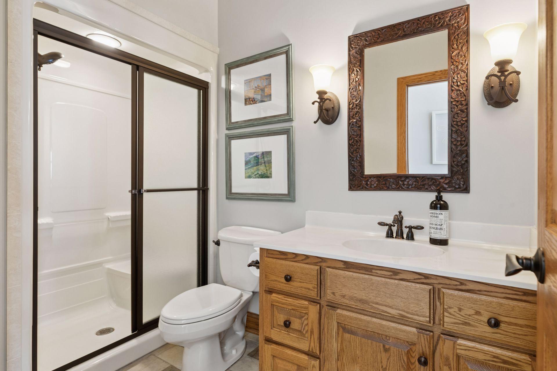 3/4 bath off the kitchen/garage