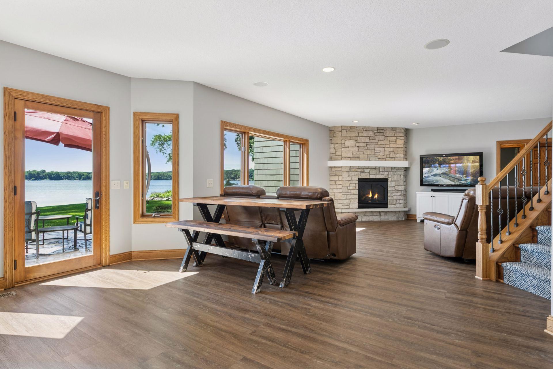 Lower level family room with cozy fireplace
