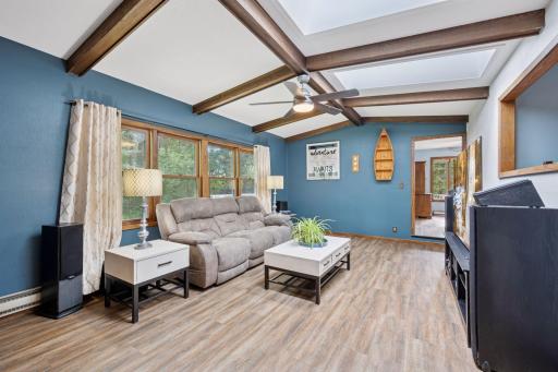 The spacious living room also has skylights