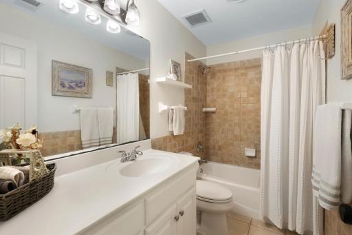 Second lower-level full bath with ceramic and stone finishes