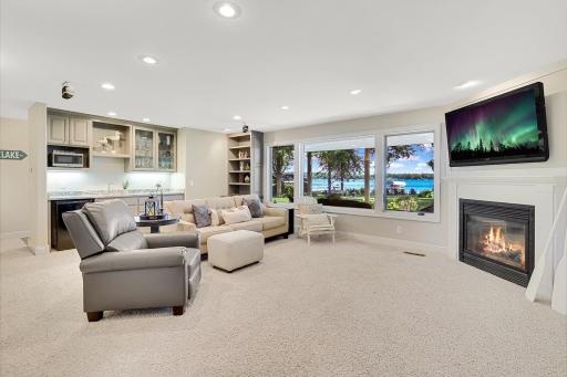 Walk out lower-level family room with built-in bookcase, gas fireplace, and wet bar