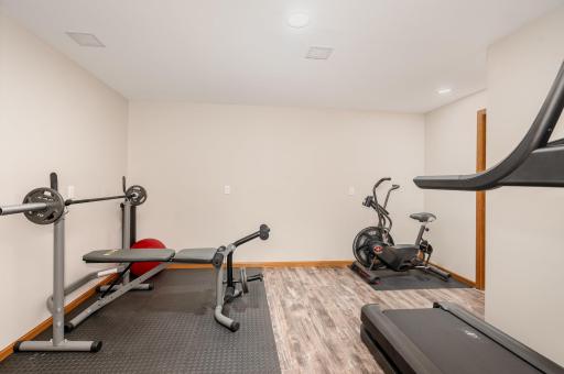 This lower level flex room was finished in 2022. It offers access to the 2 outside, water spigots. The storage closet houses: the 200 amp circuit breaker panel; sump basket & pump; and wire shelving (not hung).