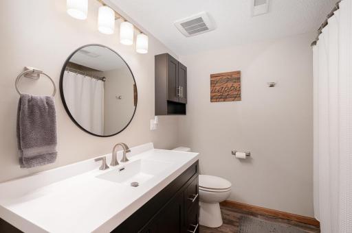 The lower level, full bathroom features updated: flooring, paint, toilet, toilet topper, comfort-height vanity (w/soft close door & drawers); brushed nickel faucet, towel ring & hooks; mirror, light fixture, timed exhaust fan, and rain shower head.