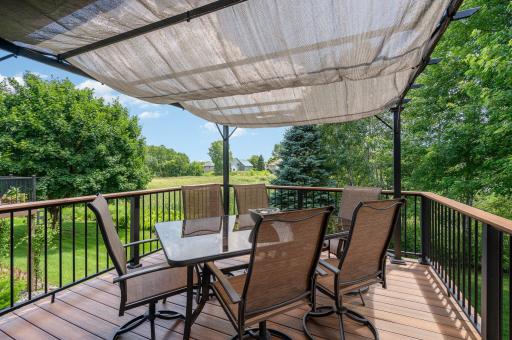 A view of the backyard from the 11.9x13 maintenance-free deck, overlooking the wildlife area & pond (not pictured). The roof was replaced in 2105, and the HOA installed gutter guards in 2024.