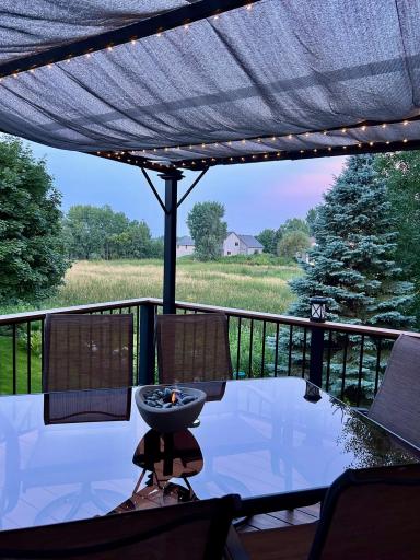 Another view of the wildlife area from the deck, showing the fairy lights. Photo courtesy of the sellers.