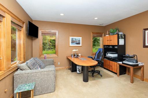The fifth bedroom in the walkout lower level offers exceptional versatilityâperfect as a private guest retreat or a quiet home office. South and west-facing windows flood the space in natural light, while its location ensures peaceful separation.