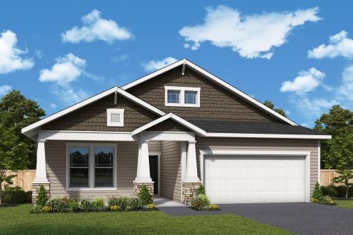 Photo rendering of the Leslie. Exterior color and landscaping are digital examples. Exterior colors will vary on actual home.