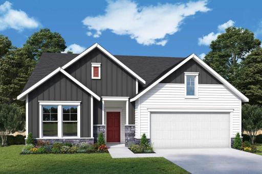 Welcome to the Oriole! Photo rendering of the Oriole. Exterior color and landscaping are digital examples. Exterior colors will vary on actual home.