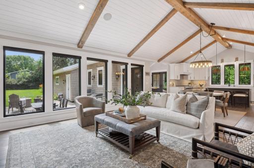 Great room with wall of south facing Marvin windows