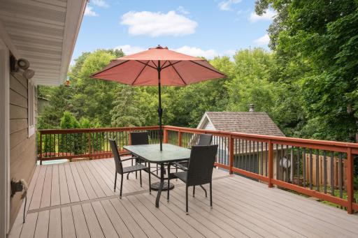 This 23'x13' deck with maintenance free decking looks out to the lush tree-line back yard, and overlooks the pool & shed with a Finnish sauna in it.