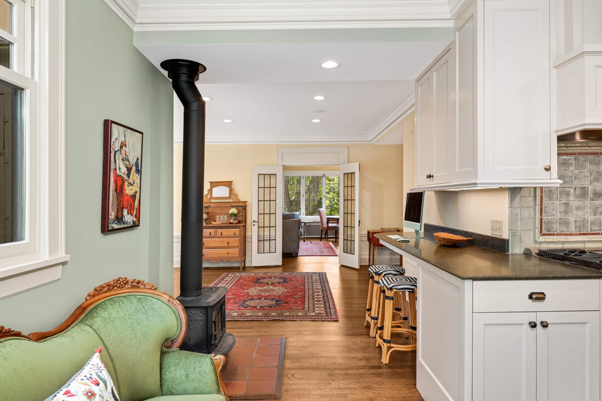 View from the kitchen, through the dining room, into the living room.