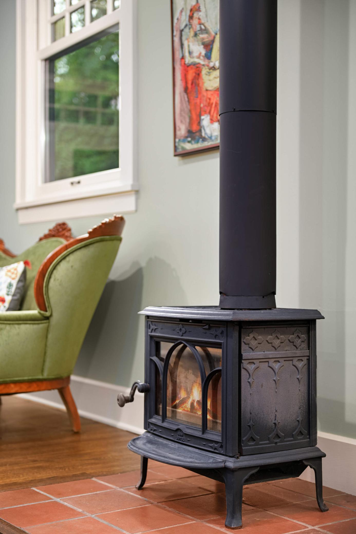 Wood-burning potbelly stove.