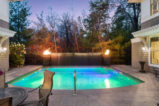 Heated pool with beautiful lighting options.