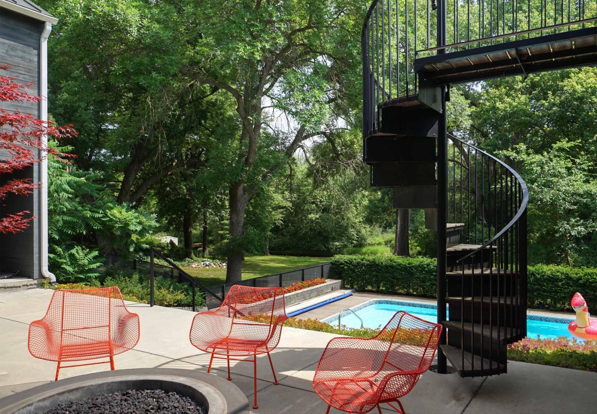 Spiral Staircase from the Deck to the Patio, Gas Fire Pit, and Swimming Pool