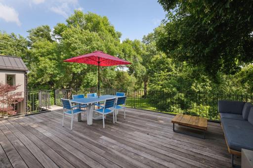 Main level deck with ironwood decking and spiral staircase to lower level patio