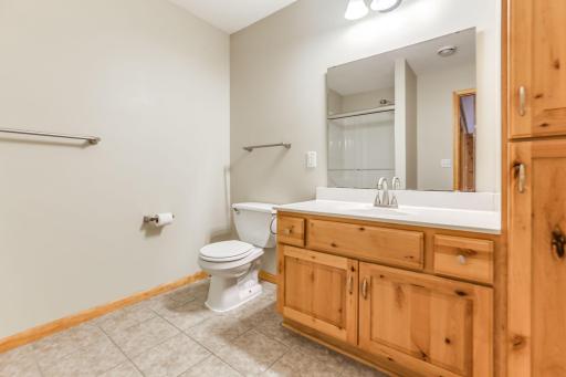 Lower-level 3/4 bathroom showcases a new shower door and beautiful natural woodwork, blending style with functionality.