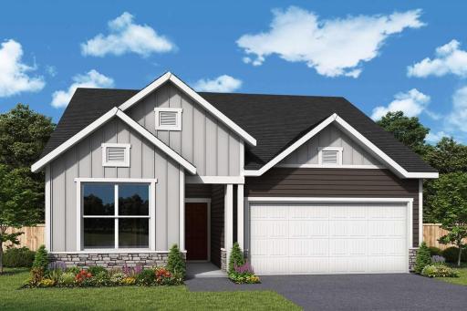 Welcome to the Carmine! Photo rendering of the Carmine. Exterior color and landscaping are digital examples. Exterior colors will vary on actual home.