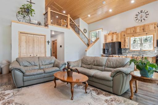 The kitchen offers a stunning stone backsplash.