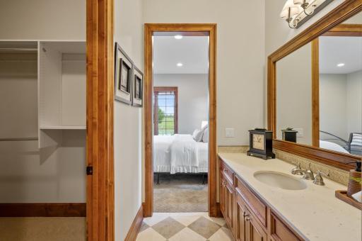 The well-appointed layout of the lower level includes this bedroom with a Jack-and-Jill bathroom.