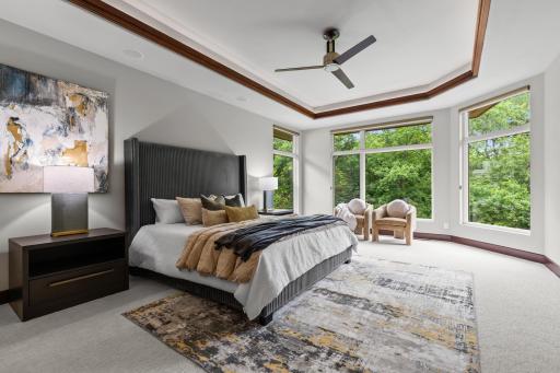 Main-level retreat with tray vault ceiling and a spacious walk-in closet.
