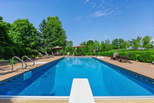 Resort-style pool with diving board, basketball hoop, and expansive patioâperfect for relaxing or entertaining in total privacy. Surrounded by lush greenery and open views.