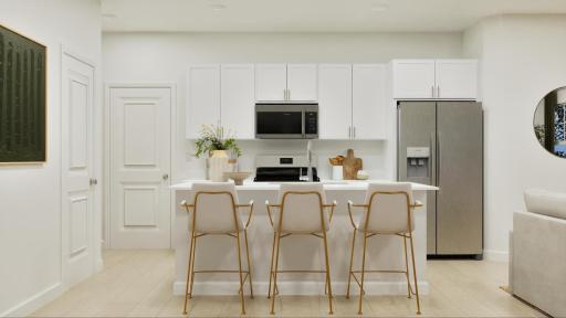(Photo is of a virtual rendering) The kitchen makes it easy for aspiring home chefs to prepare meals, complete with stylish cabinetry, new stainless steel appliances and a versatile center island with room for counter-height seating.