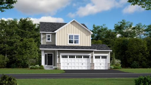 A stunning display from the street, introducing our popular Glade plan. This homes comes complete with irrigation, landscaping, trees and a full yard of sod! (Exterior rendering, actual homes finishes may vary slightly)