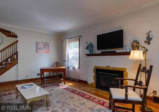Living room gas fireplace, one of two fireplaces.