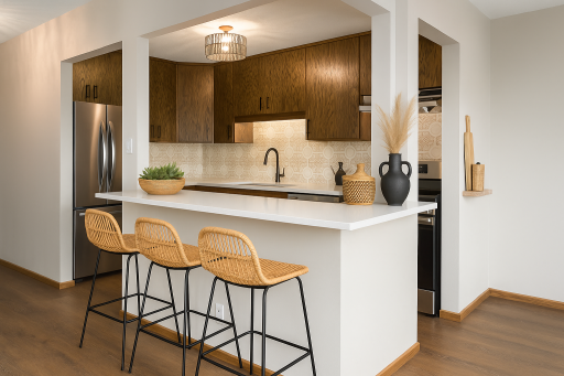 Stylish breakfast bar with quartz countertops, sleek new lighting, and plenty of space for seating making the perfect blend of function and Boho charm for casual dining or entertaining