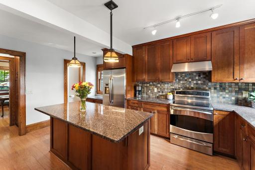 Kitchen with granite countertops.