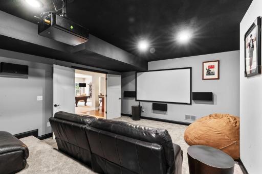 French doors open to the Theater Room and features projection equipment, screen and tiered floors