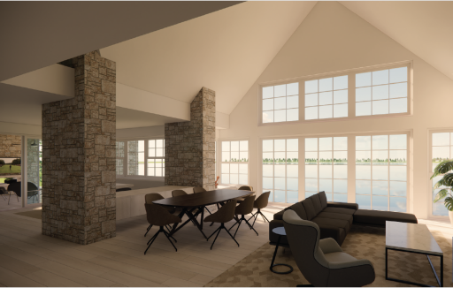 This west facing lot provides daily sunsets and panoramic views with 240 feet of waterfront edged by sculpted shoreline and framed by open skies. This interior rendering is an example of what could be built with BCD Homes.