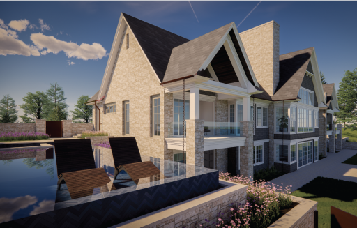 From layout and square footage to finishes, fixtures, and lakefront views, every detail will be personalized. This exterior rendering is an example of what could be built with BCD Homes.