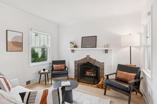 Cozy wood burning fireplace with lovely tile detail