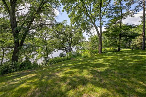 The yard, on the west side of the home, is adorned with towering oak trees, providing shade and a sense of privacy.