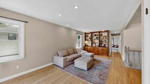 Living Room w/Refinished Hardwood Floors & Lovely Built-Ins