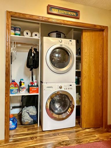 The laundry space has storage on both sides and has doors that can totally blocked off.