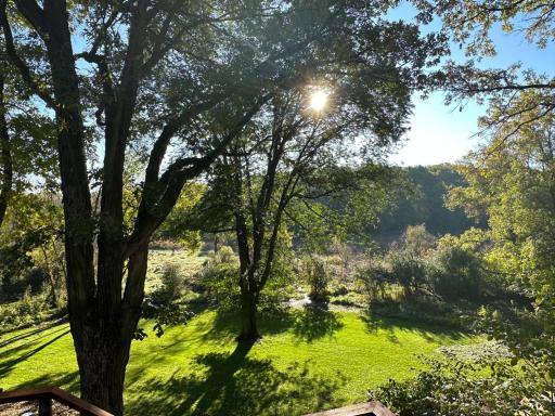 From the back deck, enjoy a tranquil panorama of graceful elm trees and the rolling beauty of Purgatory Park just beyond
