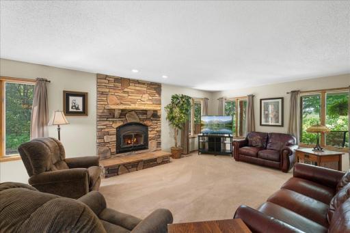 Beautiful stone fireplace in the living room.