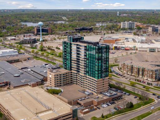 This picture highlights the Galleria parking ramp with plenty of parking for guests. The entrance to the secure underground resident garage is visible in the lower center between McCormick & Schmick's restaurant and the public ramp