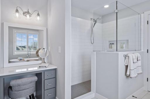 Bonus make-up vanity & glass shower surround