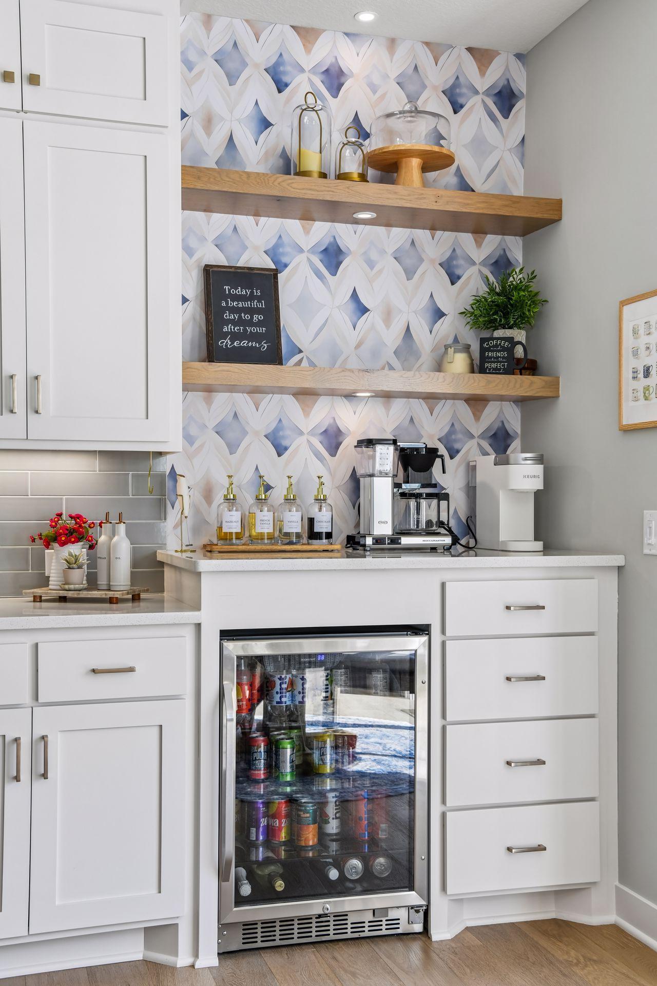 Custom coffee bar with dedicated fridge