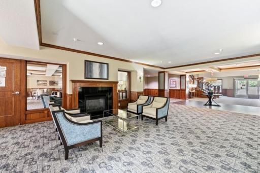 Beautiful lobby area has a fireplace and cozy sitting areas.