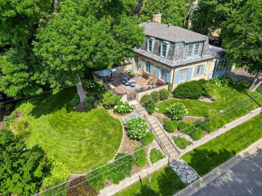 Aerial view of the exceptional landscaping and gardens