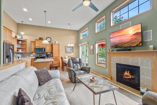 Living room with 12' high ceilings