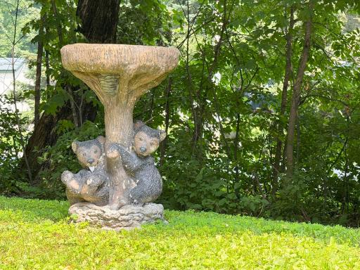 A shot of the decorative birdbath on the mound.