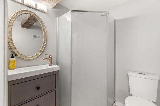 Beautifully updated lower-level bath with modern vanity, brushed gold fixtures, and a walk-in glass shower