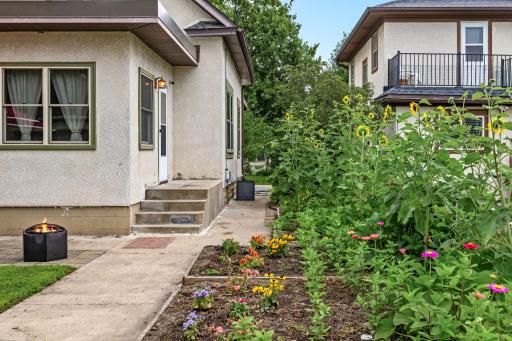 Walkway lined with sunflowers and vibrant perennials, creating a cheerful garden path to the backyard