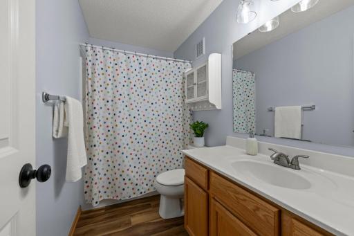 The 2nd bathroom on the main level features another long vanity and a tub.
